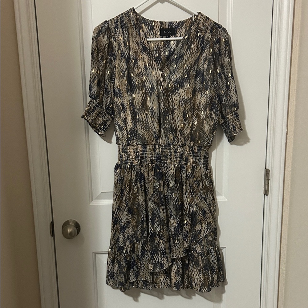 MSK Snake-Print Short Tiered Dress in Beige, Navy and Black